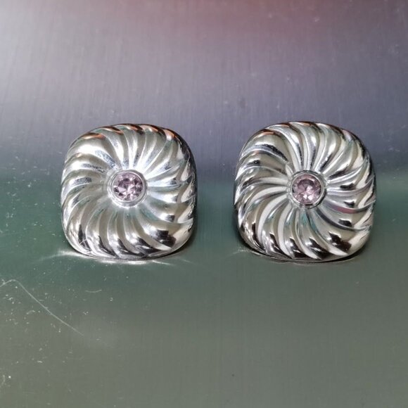 Sterling Silver Square Swirl Earrings With Pinkish Stone Centers - Picture 1 of 6
